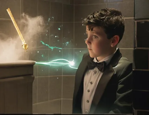 Prompt: 13 year old boy in a tuxedo casting a crazy magic spell from the outside of a bathroom stall with his magic wand, but the spell he cast happens on the inside of the bathroom stall.