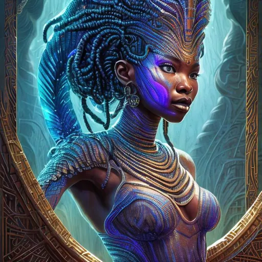 Prompt: "Nea, The Miengu Queen [African Mermaid] with long wavy braided hair, Platinum colored combination fish-scale and Egyptian armor with glowing African hieroglyphics, fantasy, portrait, highly detailed, bodyshot, digital painting, trending on artstation, concept art, sharp focus, illustration, art by artgerm and greg rutkowski and magali villeneuve"