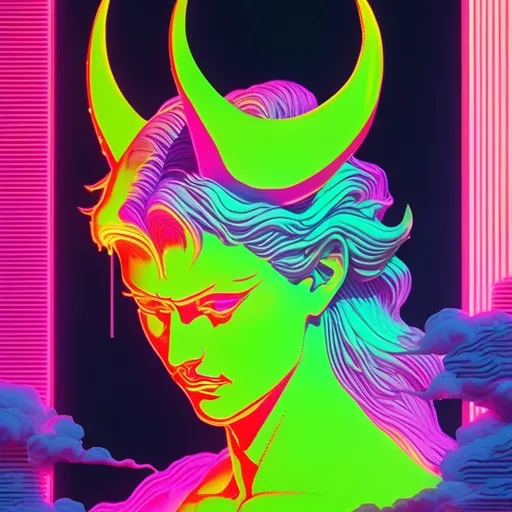 Prompt: demon, hell, demonic, vaporwave, retro, neon, aesthetic, liminal, high quality, high definition, beautiful, dramatic lighting