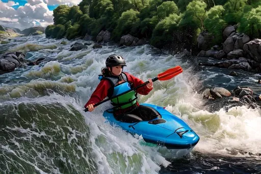 Prompt: a choppy river with a beautiful sky, sunset, brush strokes, whitewater river, lots of jagged rocks. there is a kayaker in a boat in white water. the scene is in rural wales with hills, shacks and sheep. The kayaker is doing watersports and playing in a wave. There is dappled sunlight through trees. The kayaker is slightly happy and has four fingers on each hand. The kayaker is wearing a blue helmet that matches the colour of the boat. The kayaker is wearing a whitewater buoyancy aid, whitewater BA, spray deck, neoprene skirt.