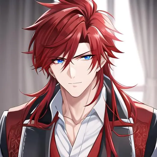 Prompt: Zerif 1male (Red side-swept hair covering his right eye, blue eyes), highly detailed face, adult. Handsome,  detailed, UHD, HD, 4K, highly detailed, red haze, masculine, anime style. wearing a maid outfit