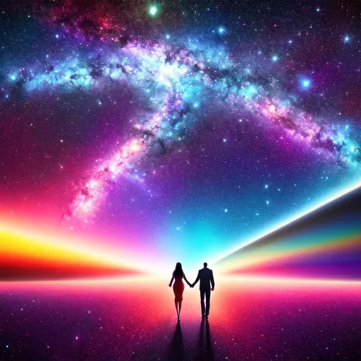 Prompt: Man and woman walking into a Galaxy with powerful colors and arrays while holding hands, beautiful lighting, 64K, ultra high res, comets, super novas, galaxies, photo realistic, symmetrical 