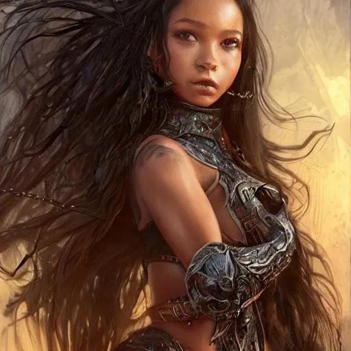 Prompt: Full-Shot body Jenna Ortega as a fantasy woman, perfect composition, proportional, rich color, hyper realistic, super detailed, 8k, high quality, dynamic lighting, in the style of Luis Royo, trending on artstation, sharp focus, studio photo, intricate details, highly detailed