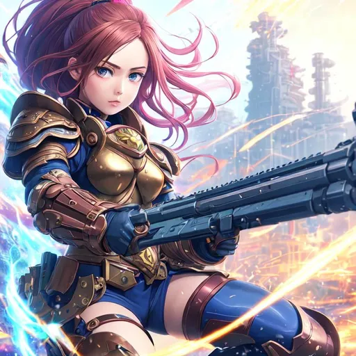 Prompt: manga character holding a gun and wearing armor,magical girl, in the style of industrial paintings, magical girl, piles/stacks, realistic, blurred, dark bronze and navy, eye-catching,  symmetrical, perfect composition, 2D, flat art, hyperrealistic, super detailed, 8k, high quality, Splash art, front, epic Instagram, artstation, hyperdetailed intricately detailed, unreal engine, intricate detail, splash screen, complementary colors, concept art, 8k, heavy strokes, splash arts, full height, full body focus,