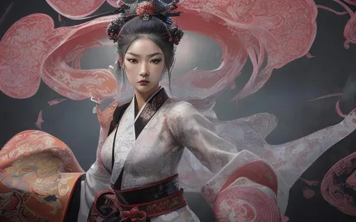 Prompt: Professional time lapse, over exposure Photo Realistic Image of a hyper stylized martial artist beautiful perfect young East Asian Woman, perfect super cute face, absolute proportions, amazing body, intricate hyper detailed random color hair, intricate hyper detailed Geisha style makeup, intricate hyper detailed full body visible, lean feminine body, leather and lace outfit, mythical ninja Assassin,

In a surreal ancient east Asian village, cherry trees lining the street,

HDR, UHD, high res, 64k, cinematic lighting, special effects, hd octane render, professional artist, studio lighting,

by Artstation illustrators, by DevianArt illustrators, intricate details, face,  full body portrait, headshot, illustration, UHD, 4K