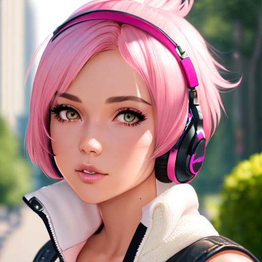 short pink haired tomboy, wears headphones, blowing... | OpenArt