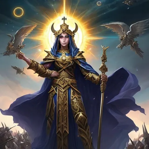 Prompt: magnificent to witness vast war and armies. BEHOLD the great sign appearing in the heavens! A Chaldean virgin clothed all about with the sun, the moon under her feet, and a crown of twelve stars around her head. she commands the terrible, immense armies arrayed with banners of war