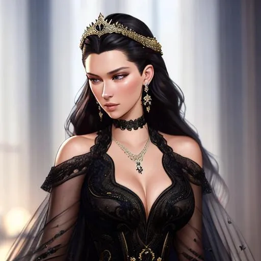 Prompt: a realistic lying down feminine elegant princess mix of Bella Hadid and Kendall Jenner, at a bal, with a black lace dress, jewelry set balayage wild hair, royal vibe, highly detailed, digital painting, Trending on artstation , HD quality, by artgerm and greg rutkowski and alphonse mucha, dramatic light, 19 century