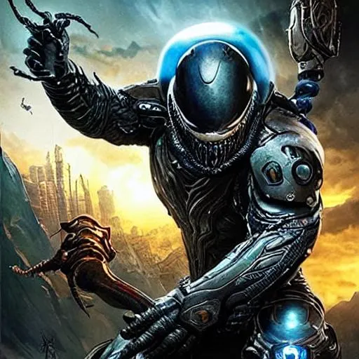 Prompt: poster art, high-quality high-detail highly-detailed breathtaking Villen ((by Aleksi Briclot and Stanley Artgerm Lau)) - ((venom)), detailed venom mech suit, 8k black helmet, highly detailed venom head helmet, add some plasma blue, glowing chest emblem ,carbon fibre helmet, venom armor, smooth detailed shoulder plates, detailed black mech suit, full body, black futuristic mech armor, wearing mech armour suit, 8k, full form, detailed forest wilderness setting, full form, epic, 8k HD, ice, sharp focus, ultra realistic clarity. Hyper realistic,