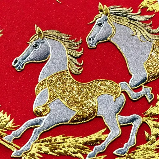 Prompt: horse patterned british flag gold and silver glitter gilt embroidered coat of arms designs