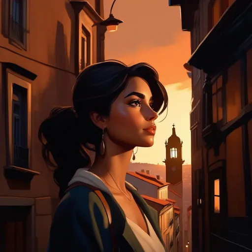 Prompt: Third person, gameplay, Portuguese girl, olive skin, brown hair, brown eyes, 2020s, Porto at night, warm atmosphere, cartoony style, extremely detailed painting by Greg Rutkowski and by Henry Justice Ford and by Steve Henderson 