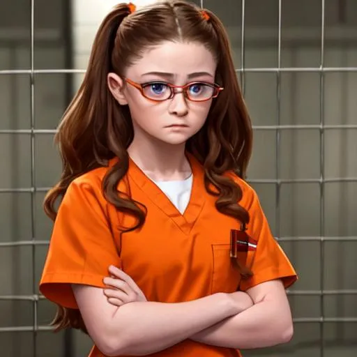 Prompt: anna cathcart in prison wearing orange scrubs prison uniform
