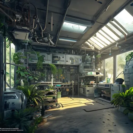 Prompt: futuristic laboratory in a shed, interior, science, biology, clean, minimalist, solarpunk, tropical island, luxury, realistic details, photorealistic, 8k render, cinematic lighting, ultra detailed