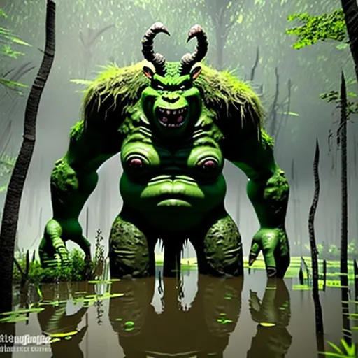 Prompt: Tall green ogre in a swamp filled with mud