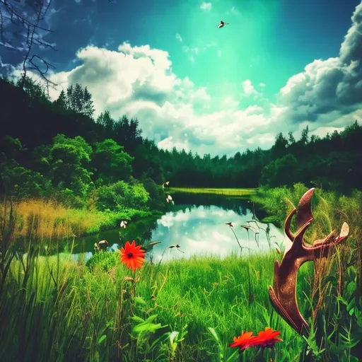 Prompt: Green, nature, heal, plant, sky, clouds, river, water fall, bird, animal, grass, flowers, deer,