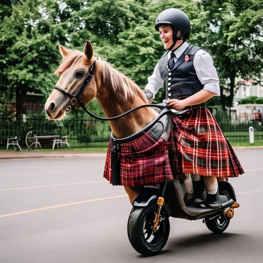 a horse in a kilt is riding an icecream scooter