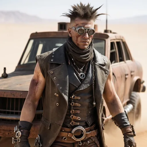 Prompt: mad max character, desert, dust, dirt, steampunk, blood. rust, metal, spikes, sand