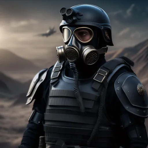 Prompt: A modern roman military male in black military roman armor, and gas mask,  war against aliens, , Hyperrealistic, sharp focus, Professional, UHD, HDR, 8K, Render, electronic, dramatic, vivid, pressure, stress, traumatic, dark.