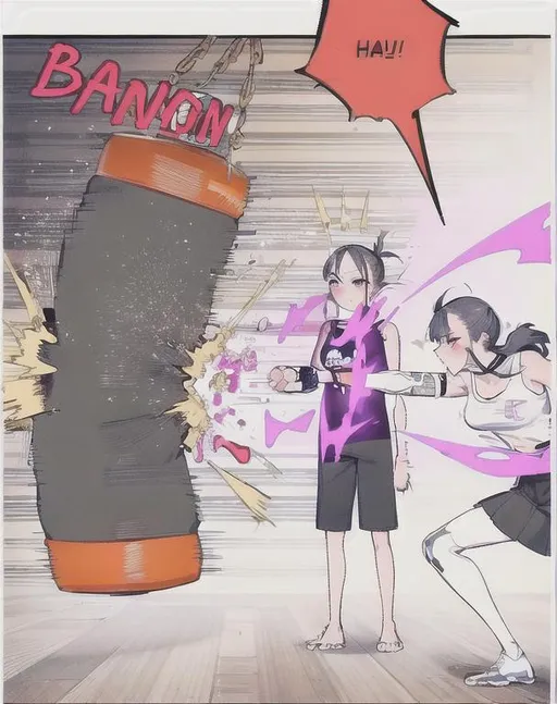 Prompt: punching bag punching, high quality, punching bag,Best quality, tall girl, (punching bag:1.2), master piece, leggings , muscle, blood, punching bag, latex ,ultra detailed, realistic, 4k, fight punching, open finger gloves ,anime style,punching fighting, beauty girl, pretty ,detailed face, punching bag smash 