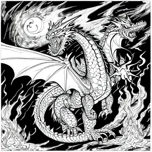 Prompt: black and white coloring page of a fire-breathing dragon