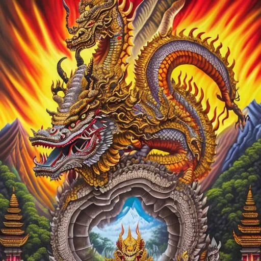 Prompt: Basuki Dragon and manik akeran lord in besakih tempel, ultra drigtal copcont art illustrasion painting oil vivid art, full beckgraund besakih and mountain agung bali,