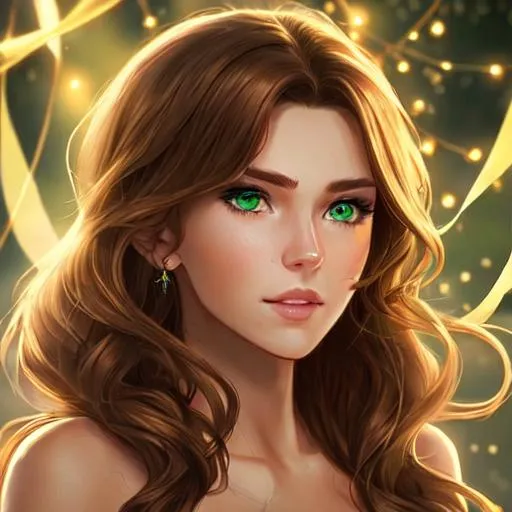 Prompt: High quality woman with photorealistic face and green eyes with brown hair and tan eyes, is the romantic heroine and has a golden glowing string 