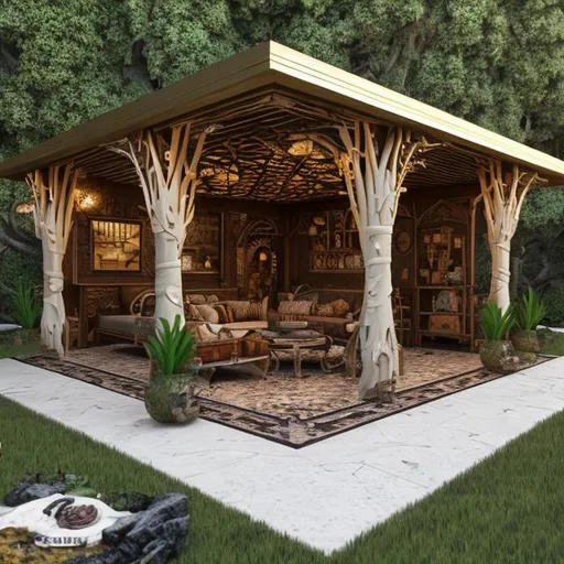 Prompt: Create a luxury stand alone enclosed structure, in a backyard. Modern architectural design. Resembling a "she-shed" or "babe cave". Professional Photo Realistic Image, hyper detailed, intricately detailed, intricate detail, 8k resolution, masterpiece, splash arts, ultra details Ultra realistic, hi res, UHD, 64k, HDR.