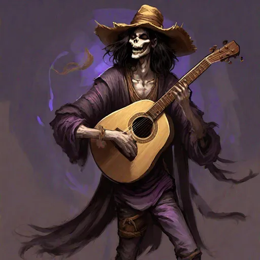 Prompt: Full body splash art of a sweet, youthful, young, handsome, male undead zombie bard, singing and playing the lute, gaunt mummified face, sharp teeth, shoulder long black hair, skinny, tyrian purple medieval noble clothes with puffy sleeves, floppy hat with feathers, D&D, dnd, fantasy, highly detailed, sharp focus, digital painting, trending on artstation, 4k, 8k, unreal engine