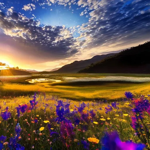 Prompt: Generate an image that encapsulates the essence of the poem: 'Beneath the sapphire skies so wide, a meadow blooms, a tranquil ride.' Visualize a serene meadow bathed in golden sunlight, wildflowers swaying in the breeze, and a calm river reflecting the endless blue skies. Convey the sense of peacefulness and natural beauty described in the poem."