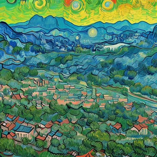 Prompt: in wildly exaggerated vivid colors depict a small mountain town as if painted by Van Gogh