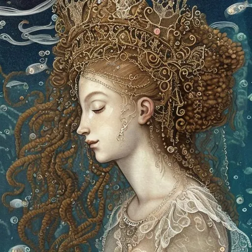 Prompt: woman in 16th century dress underwater sleeping.  hair, elaborate hair, fabric, lace, bubbles. crown, jewels, queen.