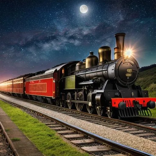 Prompt: locomotive steam train,  UHD, HDR, 8K, RPG, UHD render, HDR render, 3D render cinema 4D, cinematic light, high res intricately detailed complex background night time bright stars in the sky and full moon