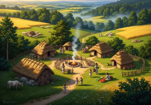 Prompt: View from above of a Neolithic village in Europe, historical period of the Neolithic, painting style.