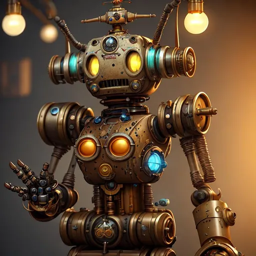 a worn but happy steampunk concept art robot in engi... | OpenArt