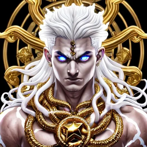 Prompt: Medusa, Gold tattoo, Halfgod, Demigod, stars, Heaven, male, curly, fade, buffed, Lifegiver, beautiful, white, hyper realistic, bright, gold, god-like figure, royal, Chained, Unchained, Glowing eyes, Lucifer,Disturbed, Berserk, god hand, behelith, Berserk style, Super detailed, Blood red sky, Devilish figure, demonic rituals, dark, evil, gray, bloody, blood rain,