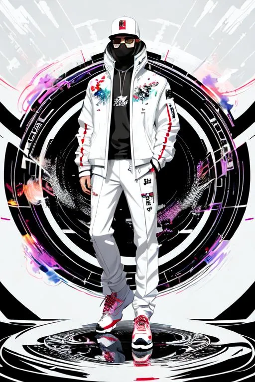 Prompt: full body portrait front view, looking from below,

semi-transparent splash ink painting atompunk hallyu brush strokes hyperdetailed intricate elaborate white pastel contrast graffiti vector background,

masterpiece best quality hyperdetailed 2D 1 man manhua, streetwear outfit, walking,

ray tracing reflections, futurism, atompunk, hallyu,

2D vector art, album cover art, wallpaper art, clean art, digital art, 2D vector illustration, digital painting,

colorful palette, limited palette,

centered, middle,