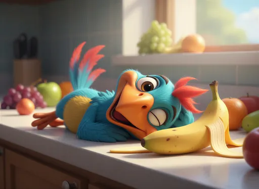 Prompt: A cheerful @rxzeo8w55OkdzOPUm7iM rests in a gentle pose, its smooth yellow peel catching soft natural light that creates subtle gradients across its curved surface. The character's playful expression radiates warmth against a simple kitchen counter backdrop with scattered fruit in soft focus, the scene bathed in diffused morning sunlight that highlights the glossy texture of the peel and casts delicate shadows beneath. Cartoon style rendering with clean lines and vibrant yet naturalistic color palette.