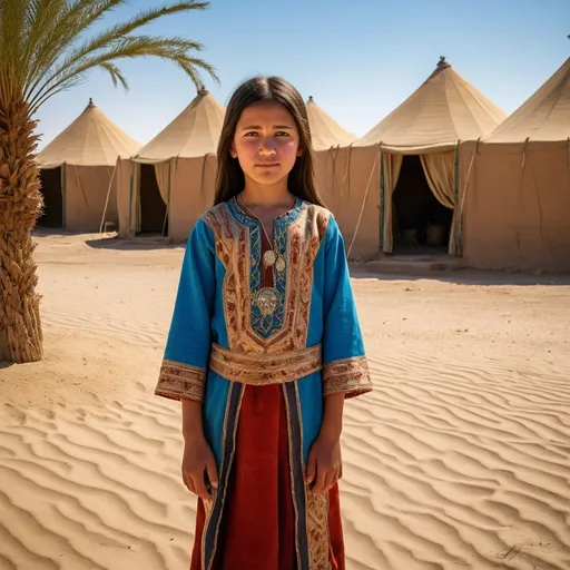 Prompt: A desert oasis in the Kingdom of Fergana in Uzbekistan in 50 BCE. There is a full length 10 year old Fergana girl dressed in Fergana clothing. She has black Fergana hair, brown eyes, a small nose.