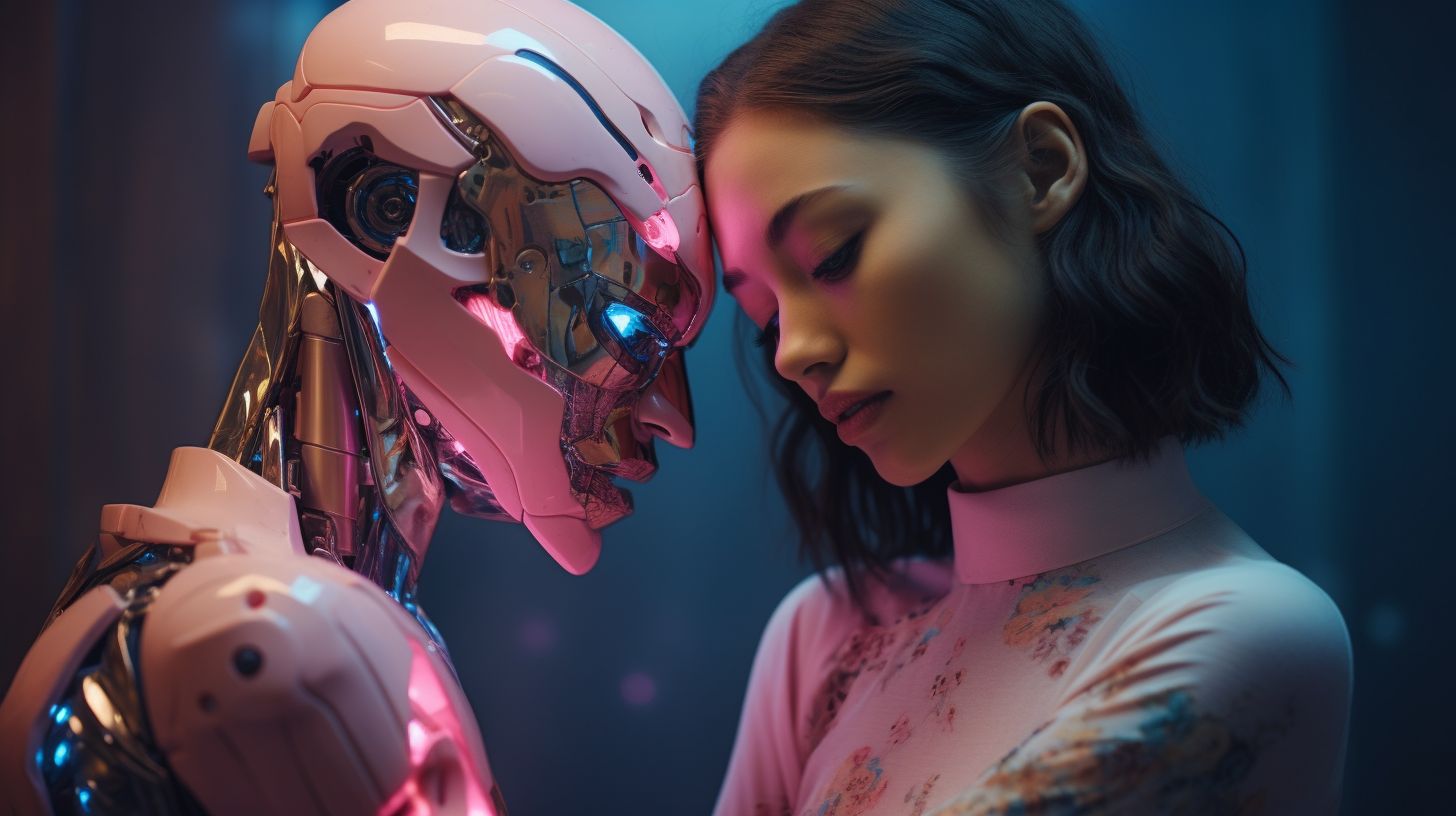 Prompt: a blue robot arms around a pink asian woman, in the style of photorealistic portraits, cross processing, silver and orange, unreal engine 5, dark yellow and pink, anton fadeev, feminine beauty