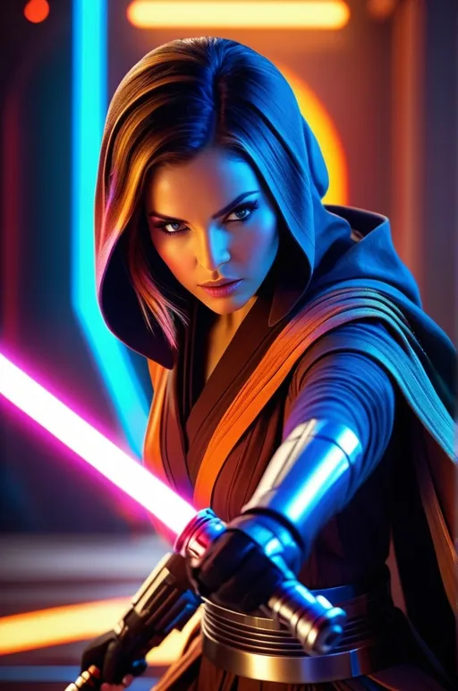 Prompt: Female Jedi Knight in action, vibrant and exotic setting, intense lightsaber duel, high-quality 3D rendering, sci-fi, futuristic, detailed robotic enemies, vibrant colors, intense action, powerful force abilities, cool lighting effects, dynamic pose, vibrant world, sci-fi