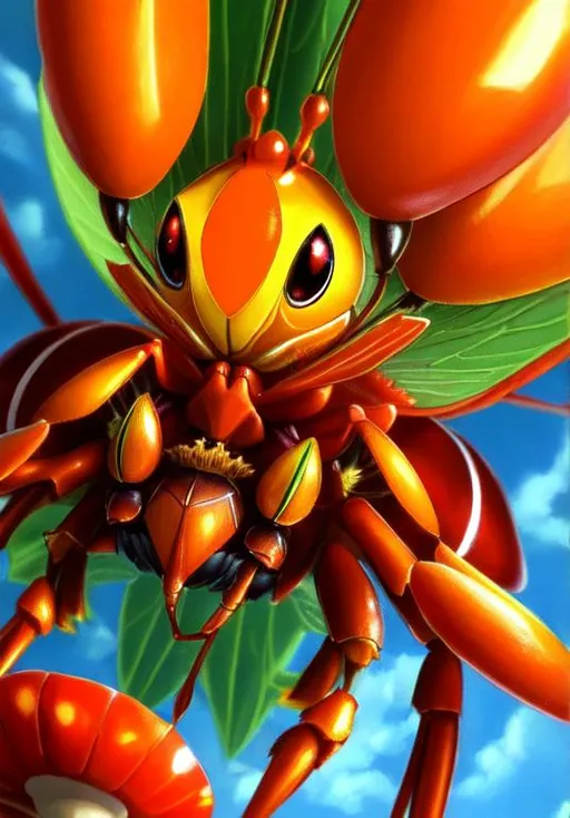 Prompt: UHD, , 8k,  oil painting, Anime,  Very detailed, zoomed out view of character, HD, High Quality, Anime, Pokemon, Paras is an orange, insectoid crab-like cicada Pokémon with large eyes and mushrooms growing on its head  Its ovoid body is segmented, and it has three pairs of legs. The foremost pair of legs is the largest and has sharp claws at the tips. There are five specks on its forehead and three teeth on either side of its mouth. It has circular eyes with large pseudo pupils.

Red-and-yellow mushrooms known as tochukaso grow on this Pokémon's back. The mushrooms can be removed at any time and grow from spores that are doused on this Pokémon's back at birth by the mushroom on its mother's back. Tochukaso are parasitic in nature, drawing their nutrients from the host Paras's body in order to grow and exerting some command over the Pokémon's actions. For example, Paras drains nutrients from tree roots due to commands from the mushrooms. Paras can often be found in caves. However, it can also thrive in damp forests.

Pokémon by Frank Frazetta