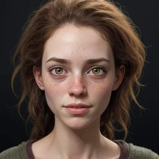 Prompt: hyper-realistic women around 29 years old, she has very pale skin, she has hazel eyes, She has super frizzy reddish brown hair, Her hair is so fizzy like a rats nest and it almost stands out like an afro, Her hair is super short.She is super skinny as in sickly skinny, She has a crooked nose, she has one lazy crooked eye, She is ugly, She has freckles and moles all over her face, her eyes are very narrow in shape, she has crooked yellow teeth, she has very dark under eye circles, she has super bushy and thick eye brows, ad she has very thin dry and peeling mouth, fantasy, character art, illustration, dnd, 