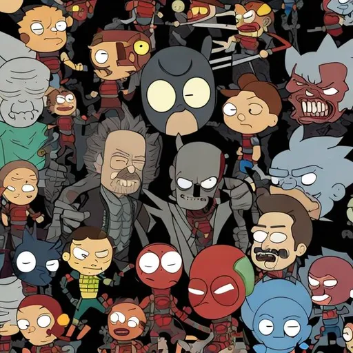 Prompt: deadpool wolverine and rick and morty and family guy referances and characters with a black background wallpaper 