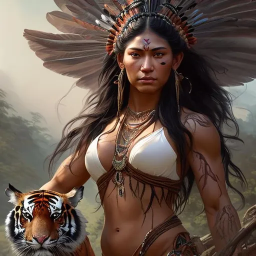 Prompt: Young native america goddess, busty, long white hair, muscle, biceps, (tattoos). Full body zoom-out. Prefect face. Exotic beauty. Elvin features. Tigers, by Greg Rutkowski