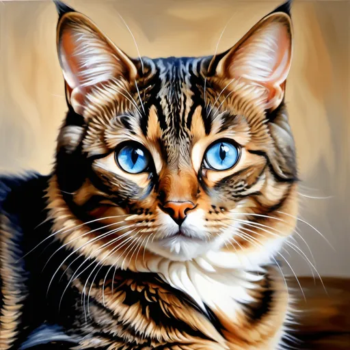 Prompt: Brown tabby cat , oil painting, hyper realistic, high details, symmetric, perfect eyes, perfect hair, beautiful, blue eyes,