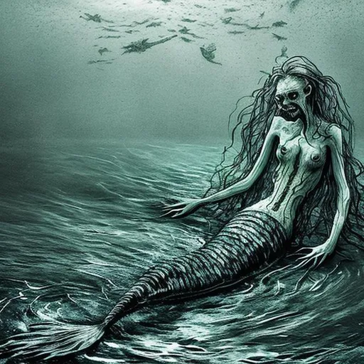 Prompt: Horrifying mermaid in dark waters with long limbs disfigured face and is malnourished 