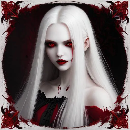 Prompt: Portrait of a beautiful vampire woman, white long hair, red eyes, blood on her lips, dark baroque background