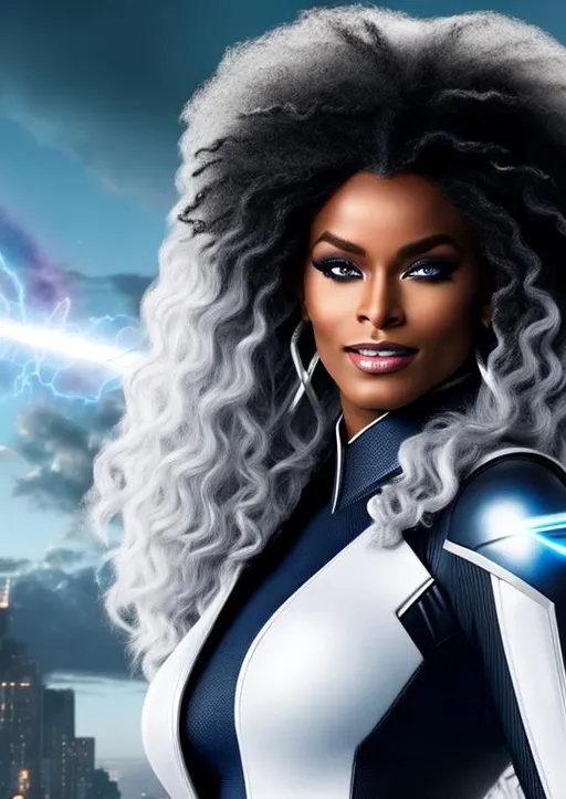 Prompt: High-resolution hyperrealistic photo of x-man storm ororo munroe merged with avenger photon monica rambeau, white hair, grey and white costume, uhd, hdr, 64k