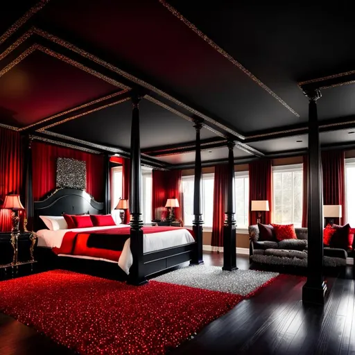 Prompt: ,Beautiful black hetrosexual  couple laying on four poster bedlust couple, kissing, bedroom is vibrant red and silver hearts, cinematic lighting, movie poster