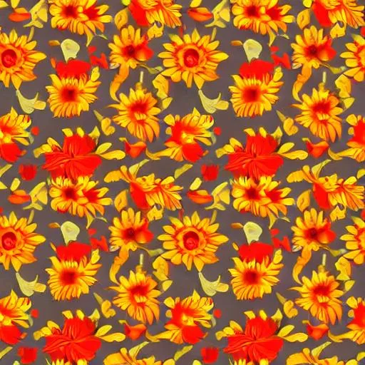 Prompt: A sunflower pattern with visually striking colors red orange gold yellow
